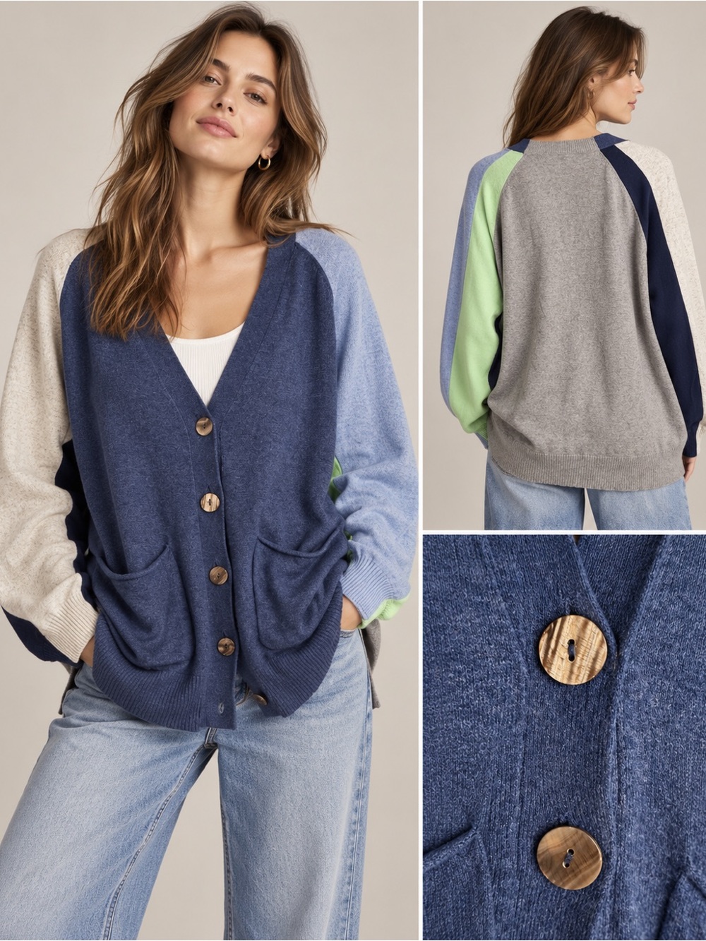 Colorblock Cardigan Cotton Cashmere Zaket & Plover Size M Blue Green Grey